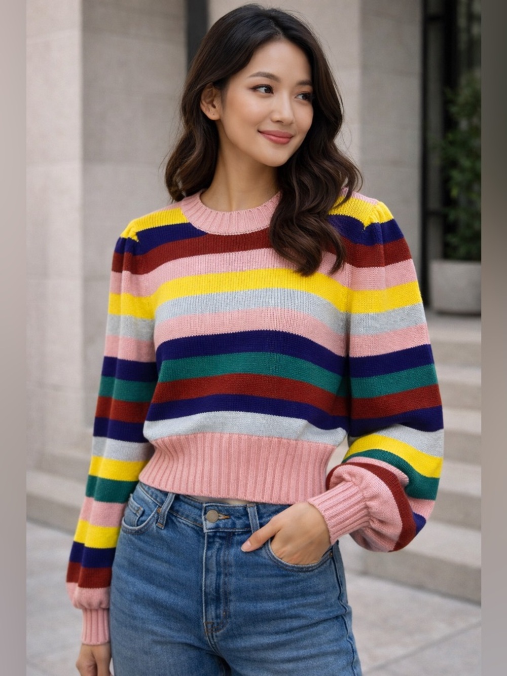 Rachel Antonoff Rainbow Stripe Sweater Cropped Wool Blend Size Small